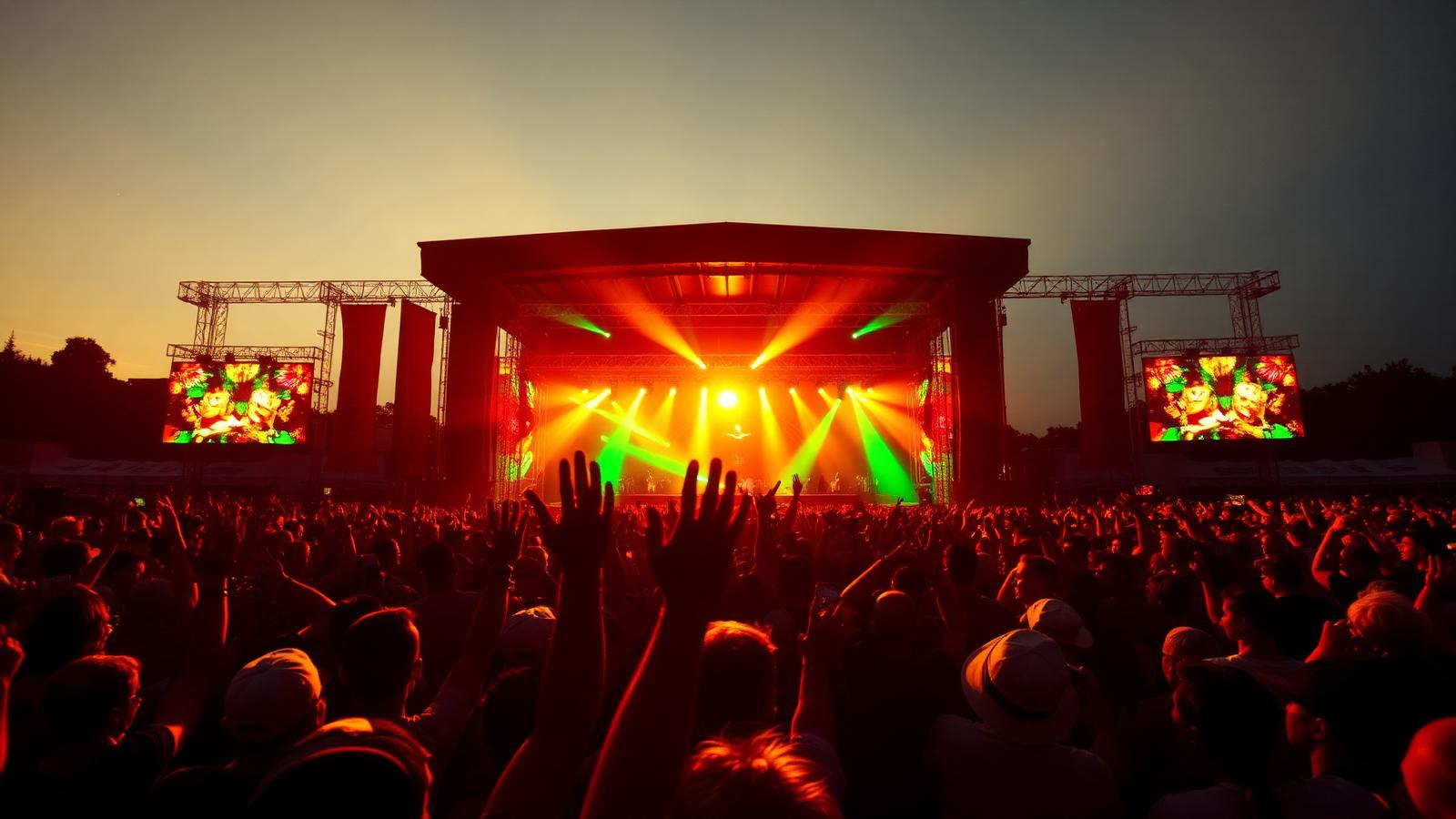 Festival main stage lit in green, gold and red at golden hour with a packed crowd