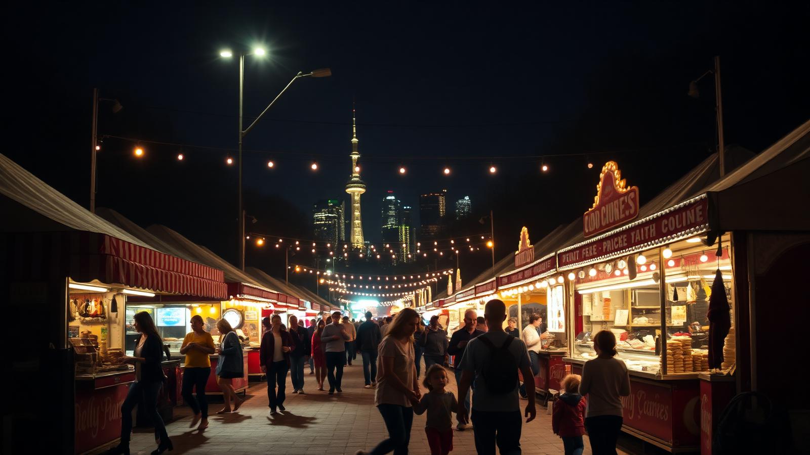 Festival grounds at night with food stalls, string lights and families walking