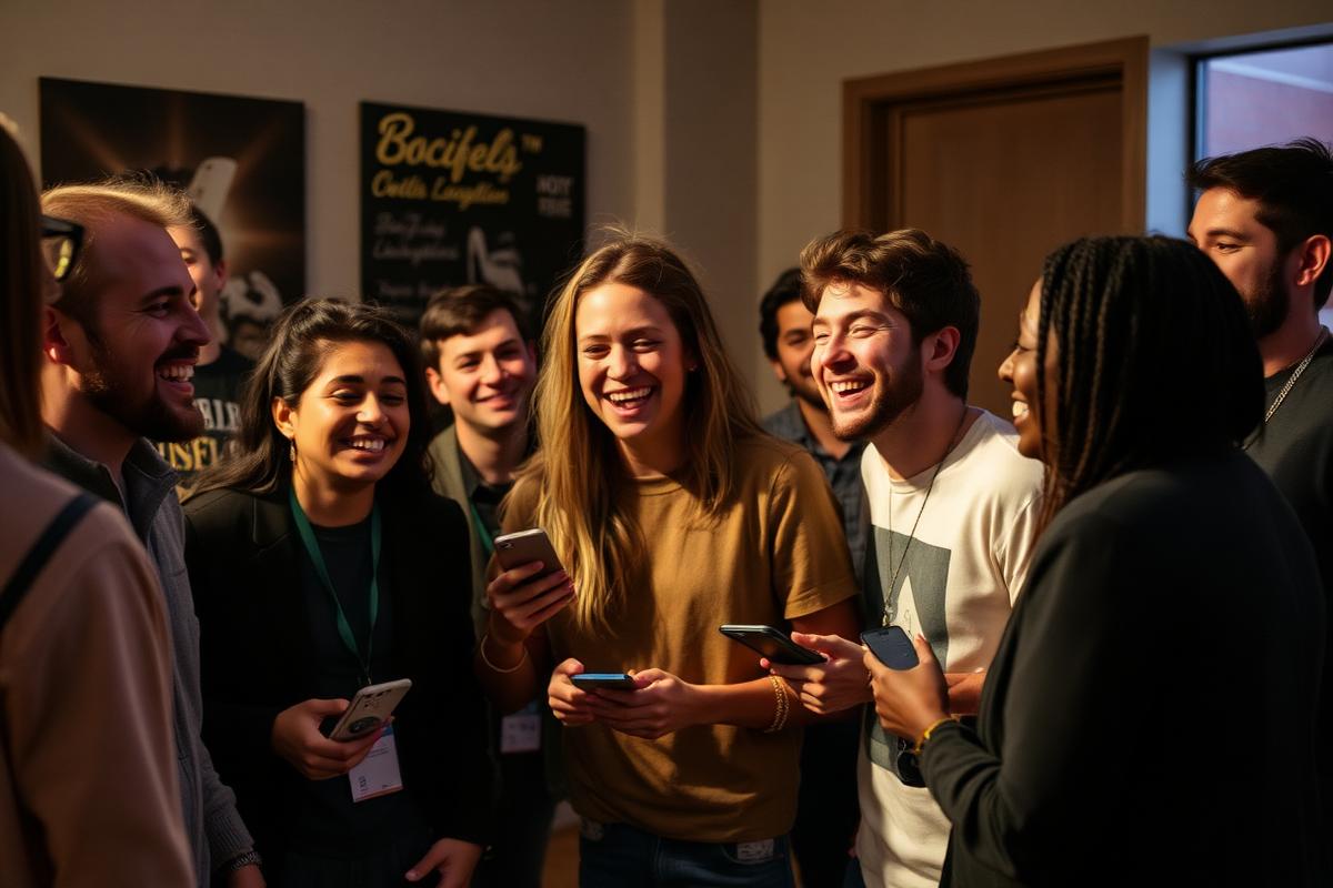 Creator laughing with a group of fans at a community meetup