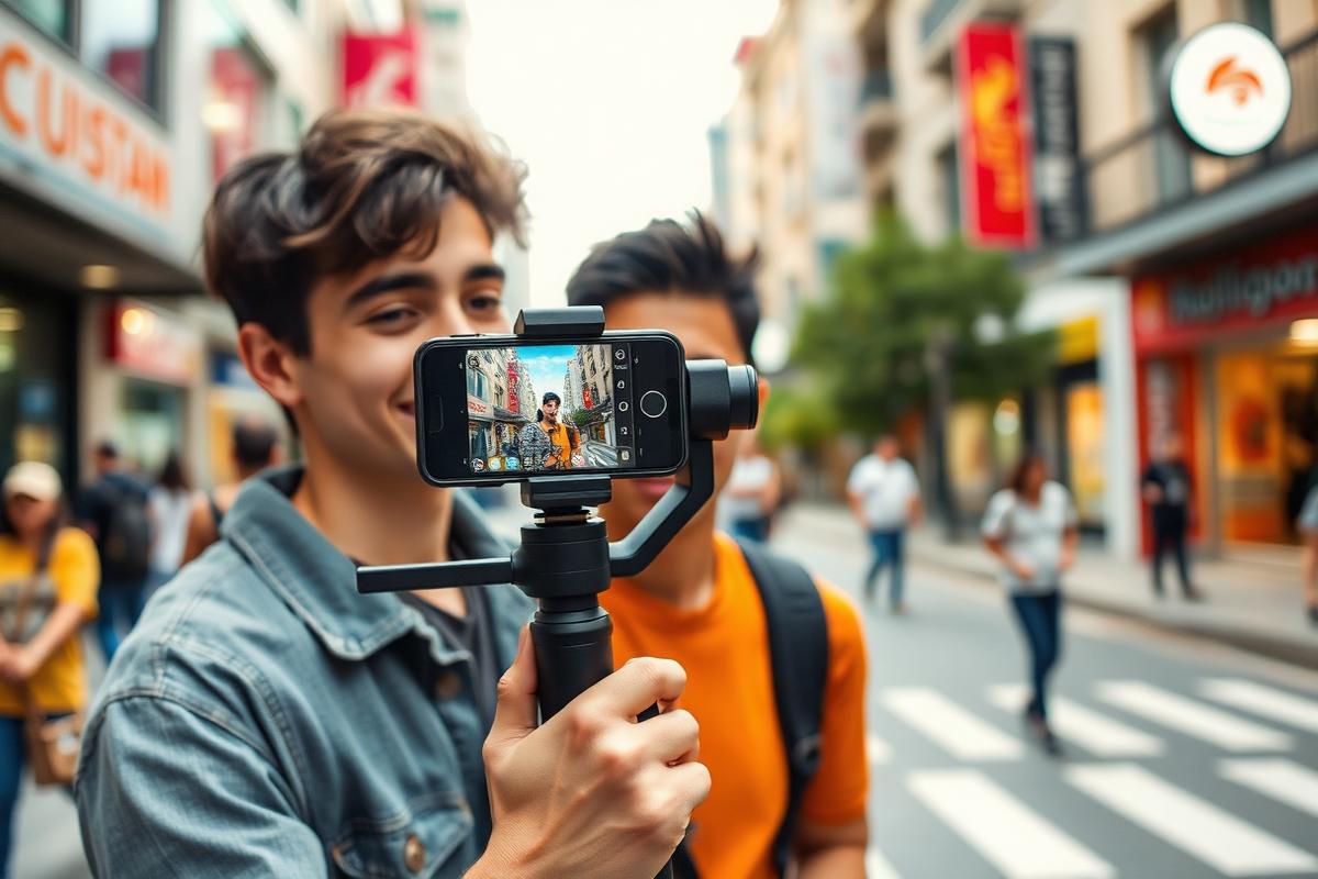 Creator filming themselves on a phone gimbal in a busy city street